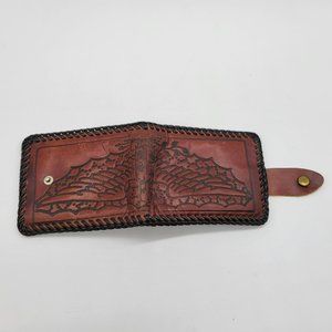 Tooled Leather Wallet Eagle Wings Mexico Vintage Black Leather Whip Stitching